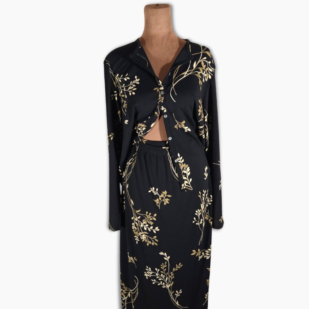 Maxi Skirt & Top Set – Women’s L Black Beige Leaf Print 2pc Vintage